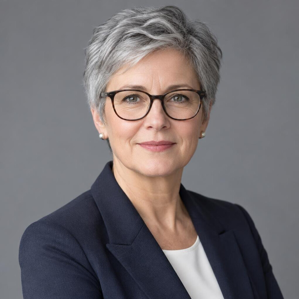 Studio portrait of an older woman with gray hair and glasses